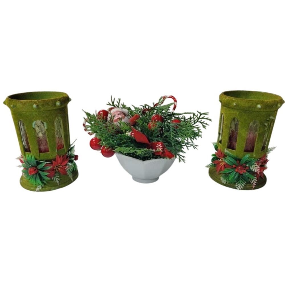 Vintage Mid-Century Christmas Candle Holders & Floral Centerpiece Lot